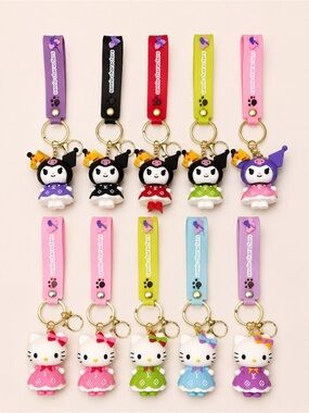 10pc Cute Character Wristlet Keychain Bundle Kitty Kuromi Style Charms